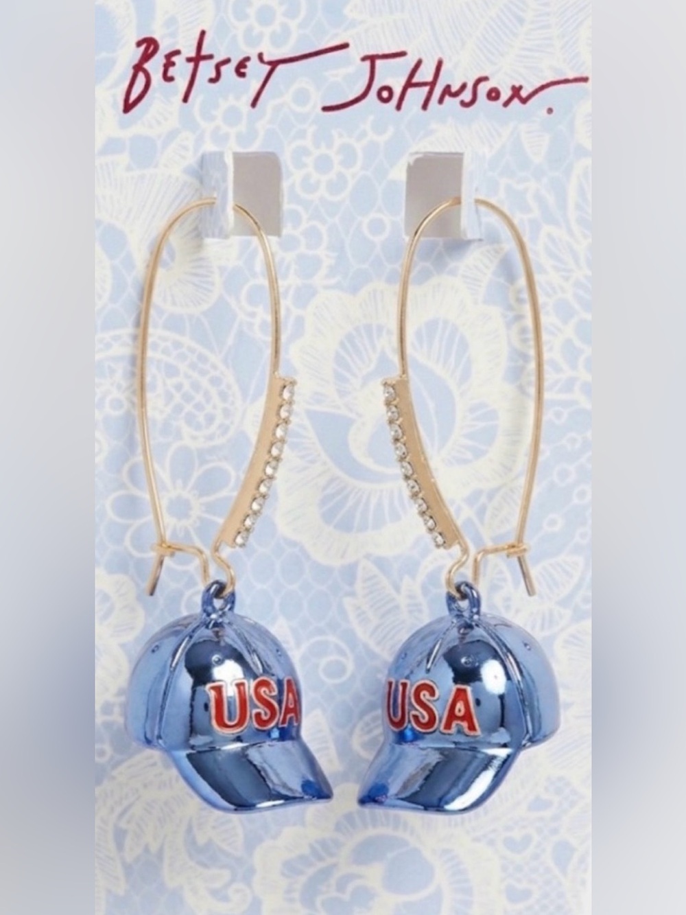 Betsey Johnson Gold-Tone Hoop Earrings with Shiny Blue USA Cap Charms - NWT